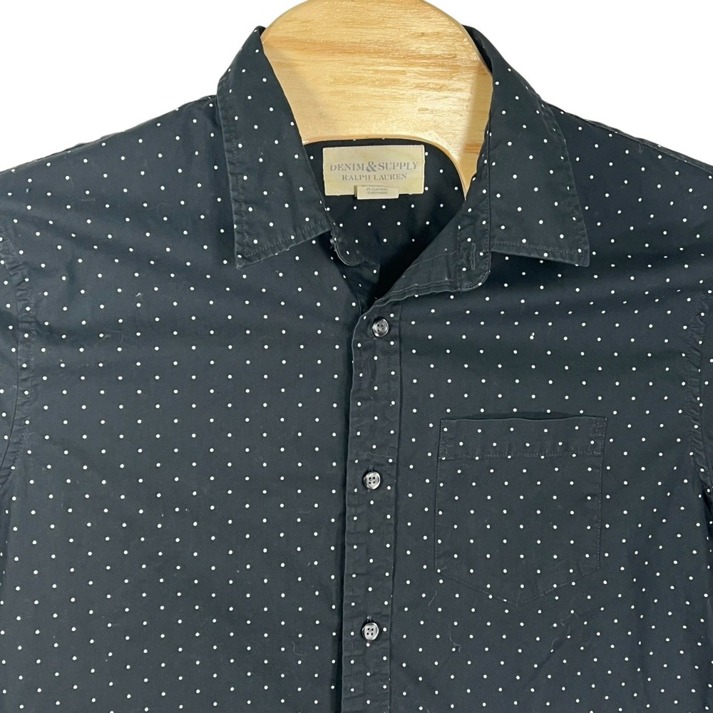Denim & Supply Ralph Lauren Men Large Stretch Slim Fit Black Polk a Dot Shirt